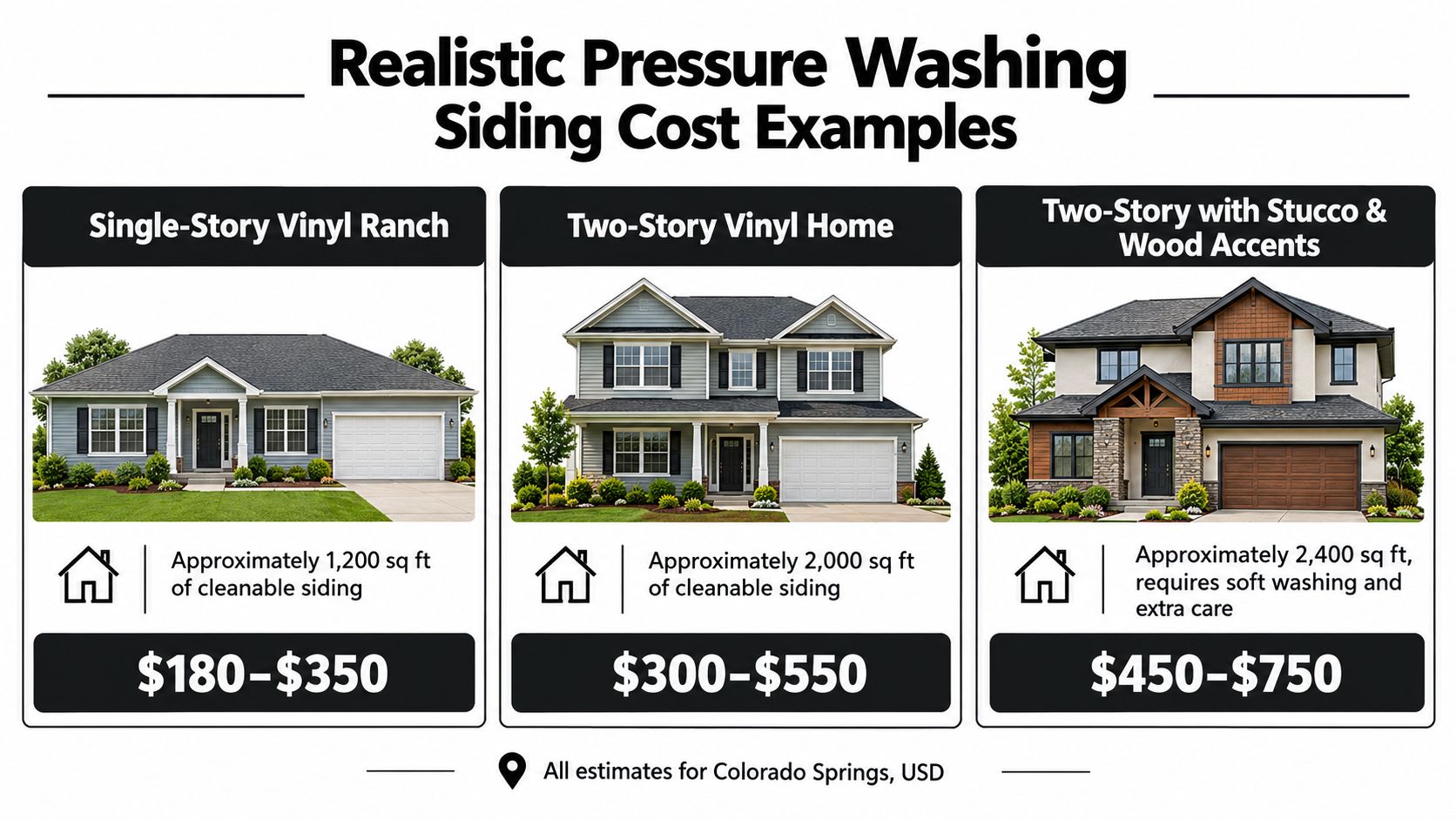 A infographic chart showing realistic cost examples for pressure washing different types of home sidings.