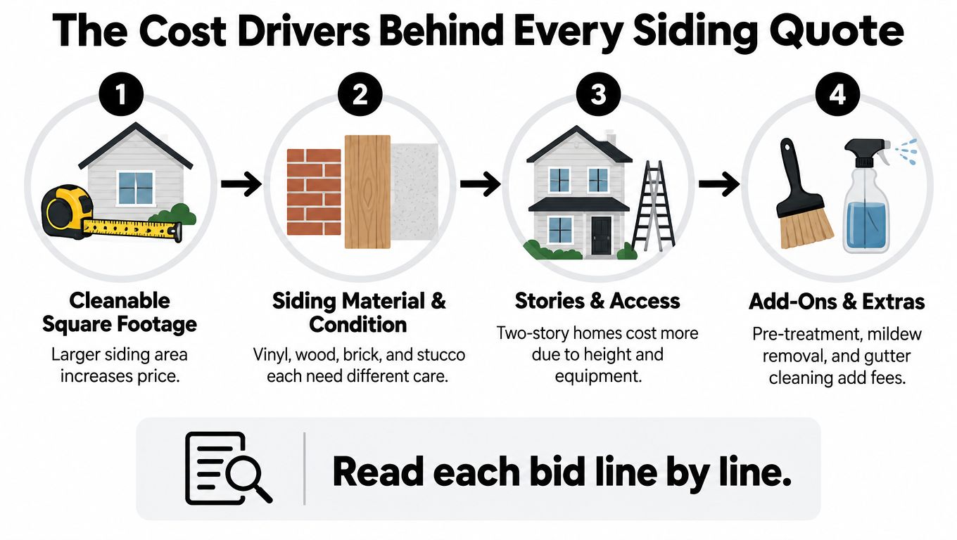 An infographic showing four key factors that influence the cost of professional siding cleaning services.