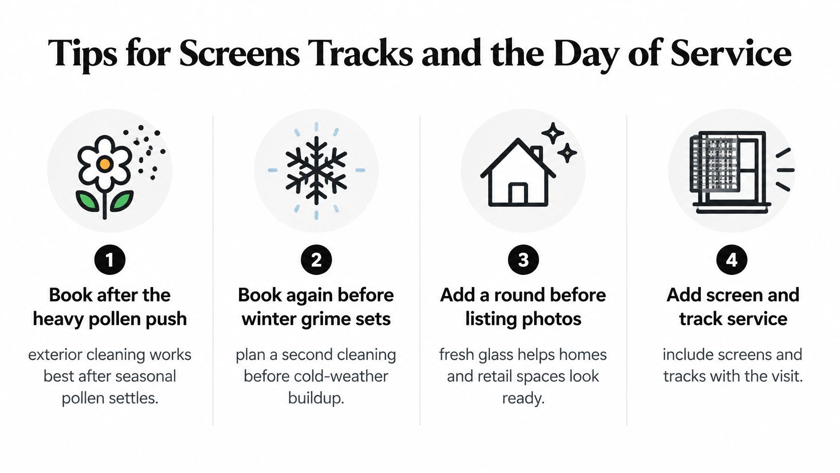 An infographic titled Tips for Screens Tracks and the Day of Service with four numbered cleaning tips.