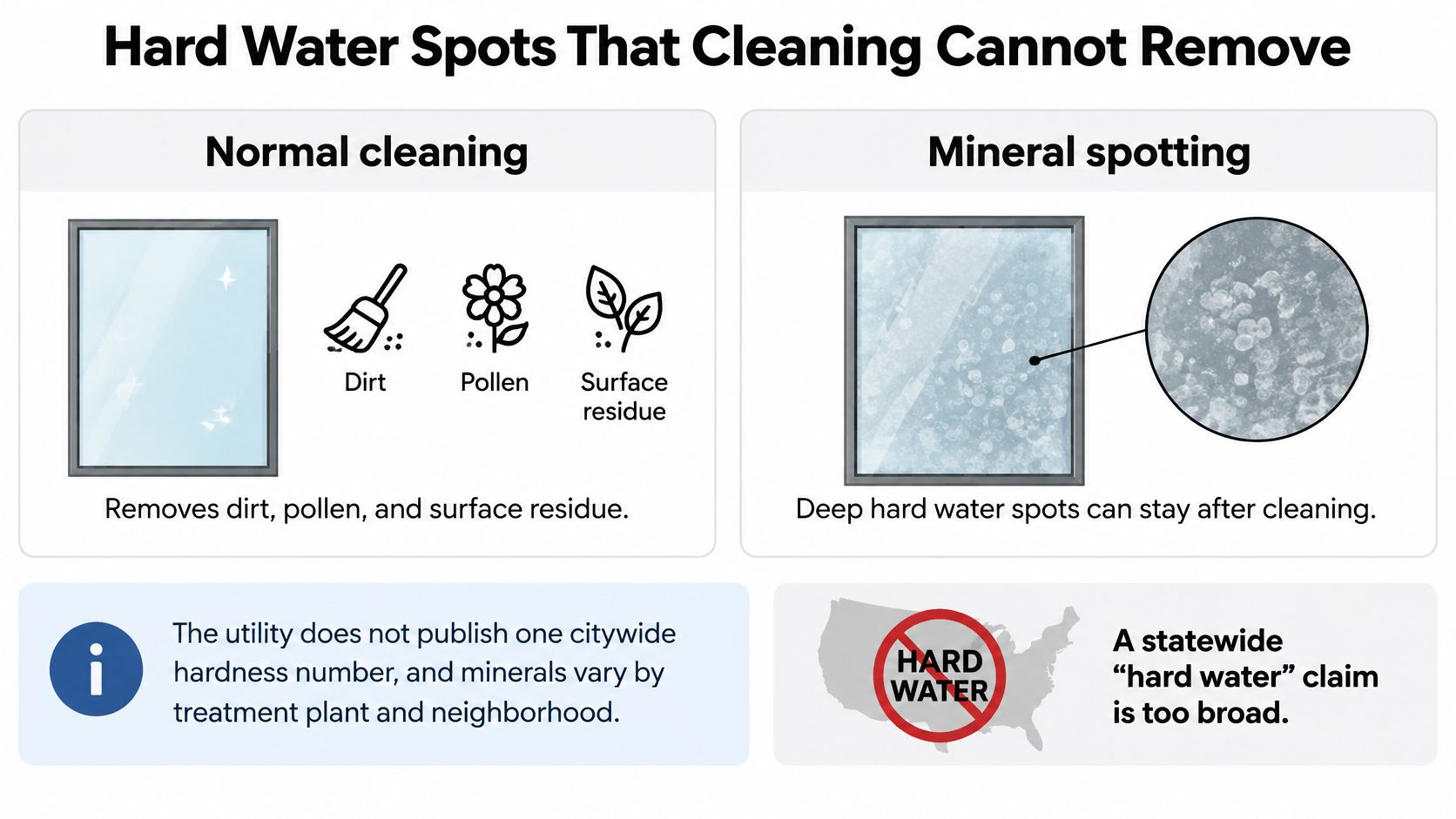 An educational graphic comparing normal window cleaning of surface debris with persistent deep mineral water spots.