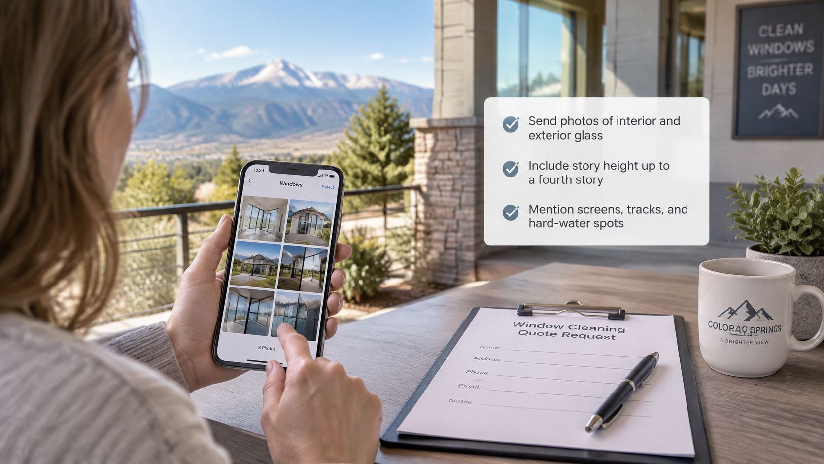 A person using a smartphone app to request a professional window cleaning quote with beautiful mountain views.
