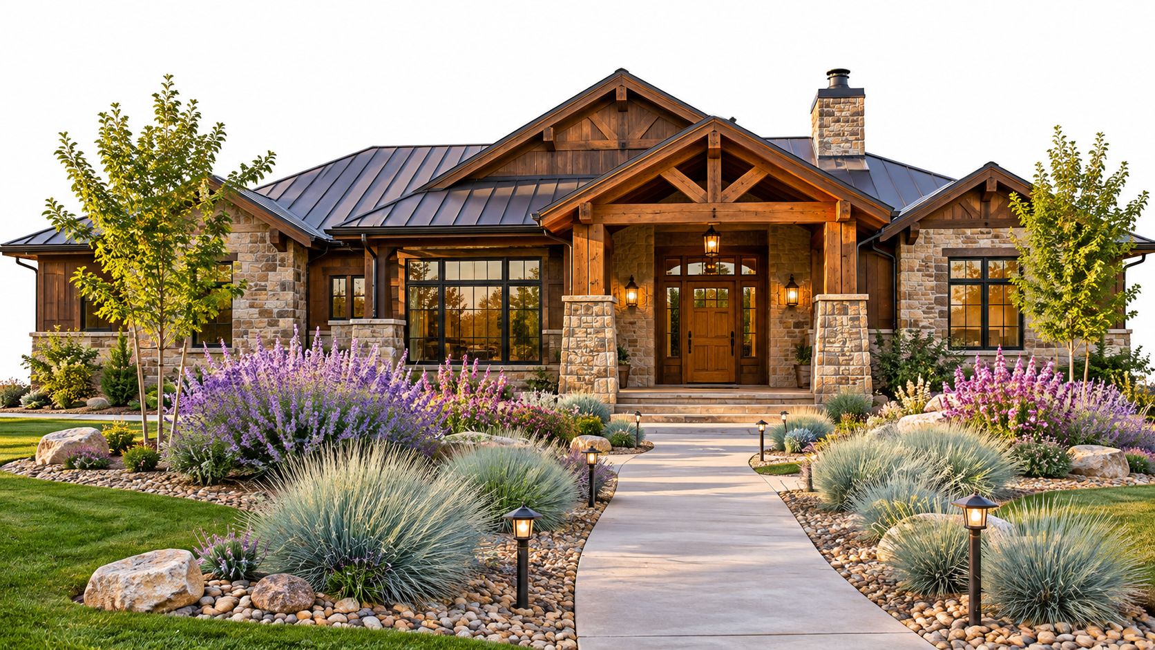 A luxurious stone and timber ranch house with a landscaped garden and a concrete walkway at sunset.