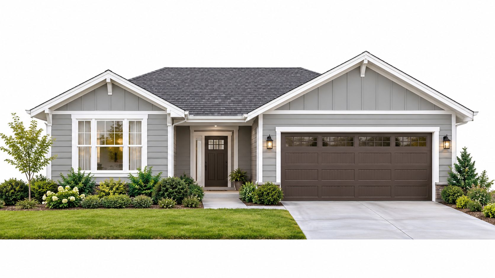 A modern single-story grey ranch house with white trim, a brown garage door, and neat landscaping.