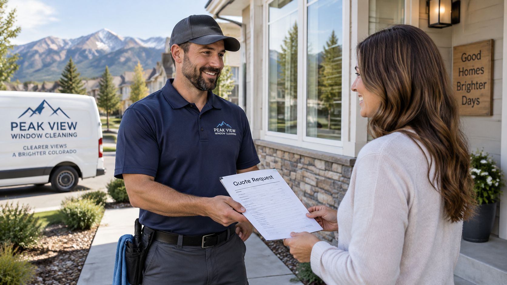 A friendly window cleaner handing a quote request form to a female homeowner in front of her house.