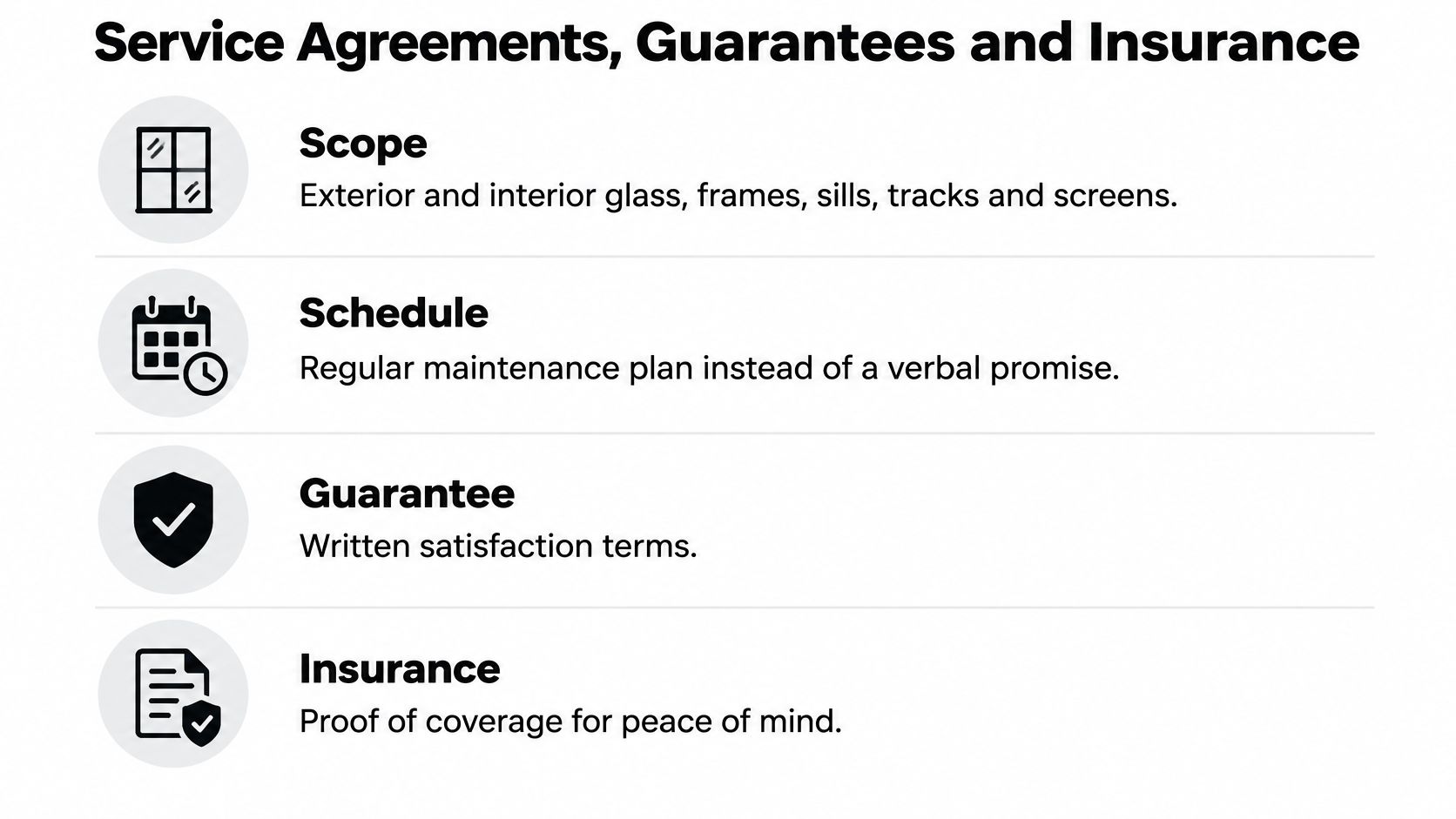 A professional infographic outlining service agreements, regular cleaning schedules, written satisfaction guarantees, and insurance coverage details.