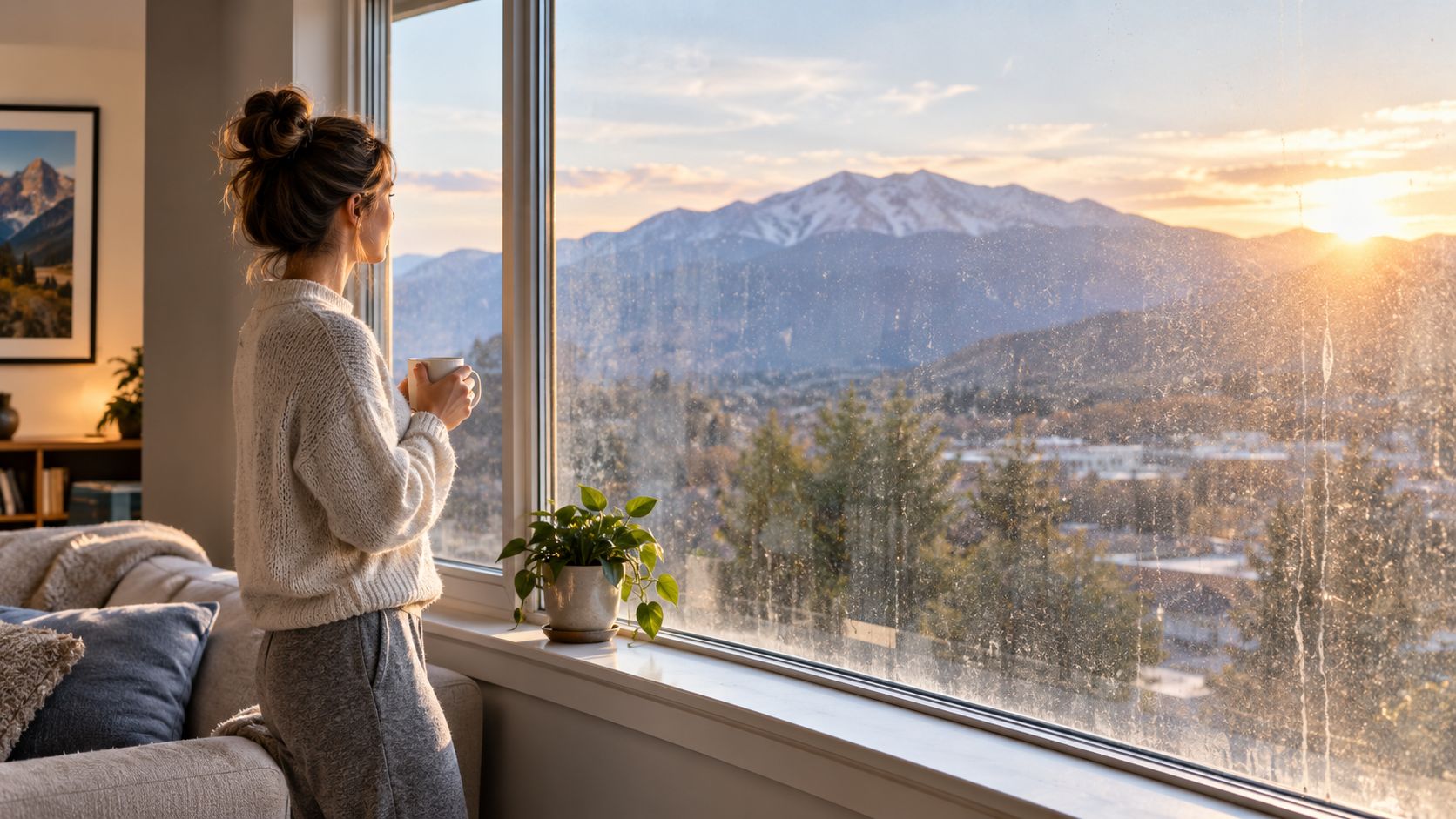 A woman holding a coffee mug looks out of a large, dirty residential window at mountain views.