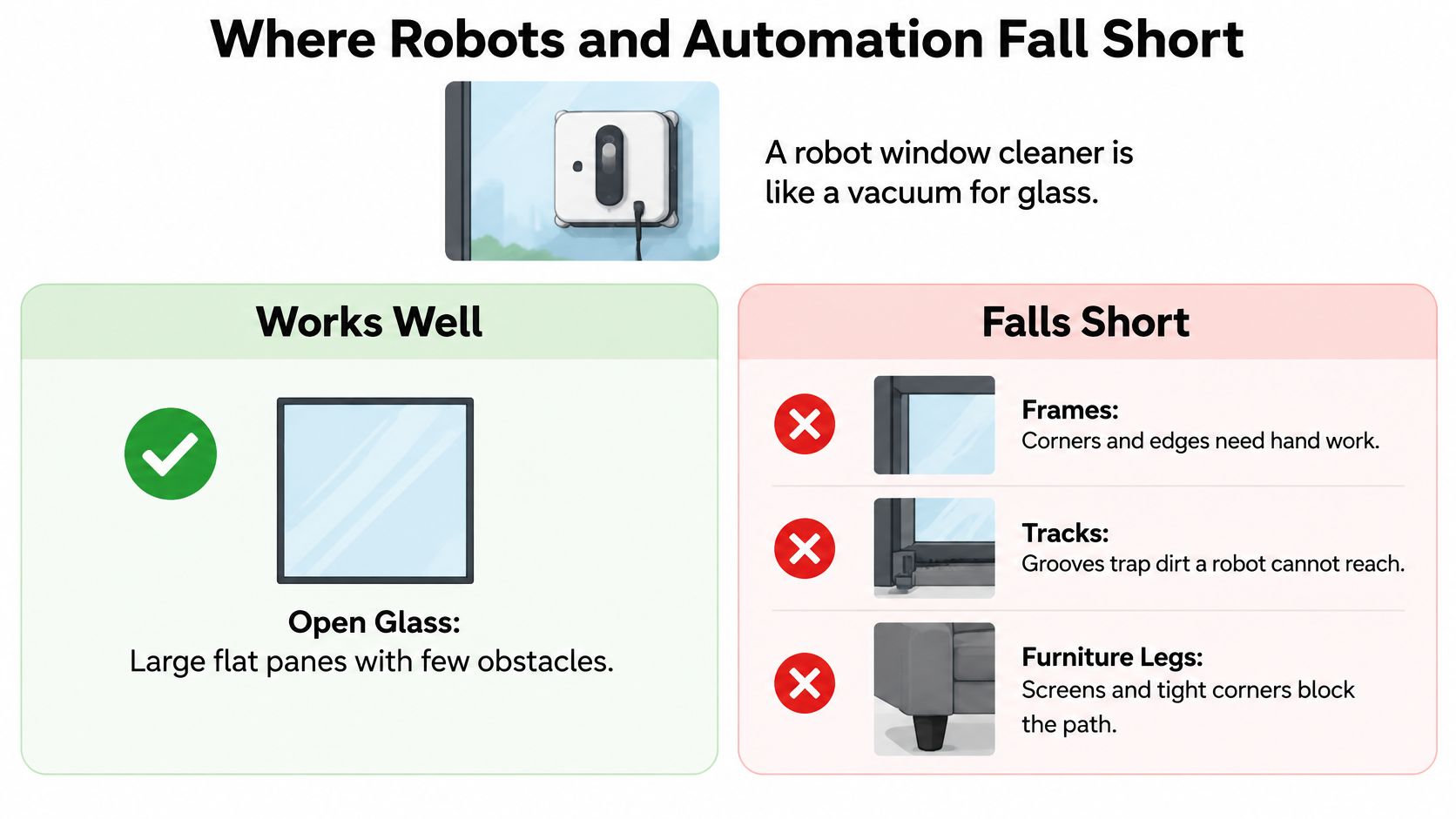 An infographic illustrating where robot window cleaners perform well and where they fall short in home environments.