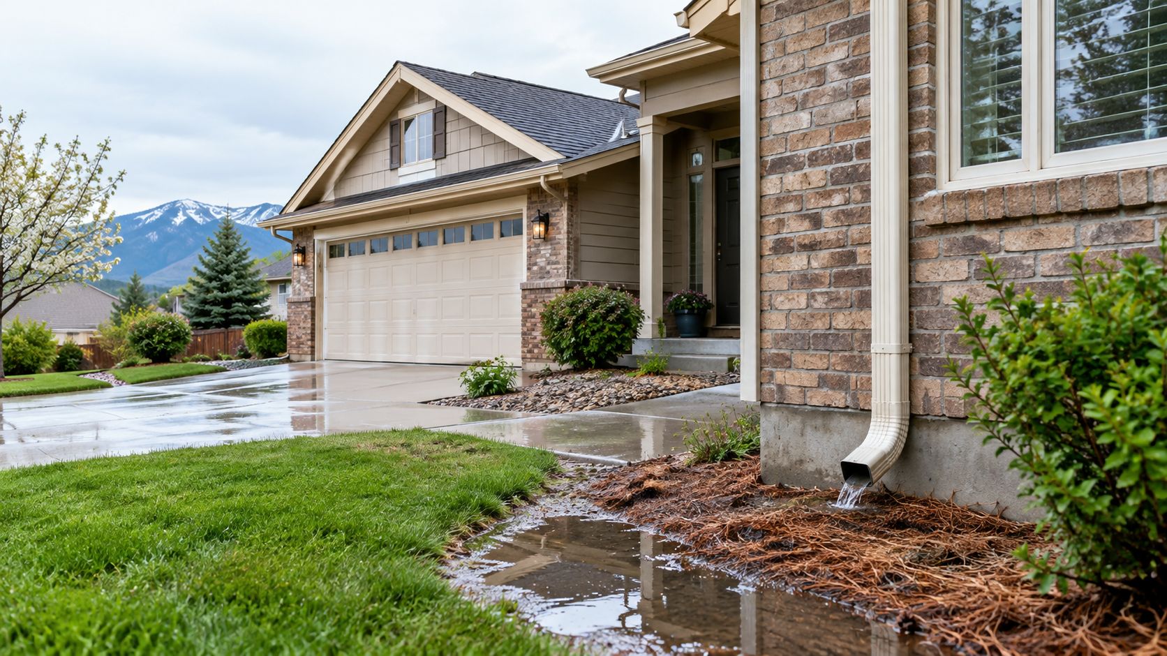 A rainy day at a suburban home with water flowing from a downspout into a puddling yard.