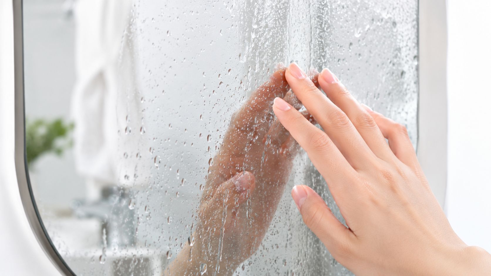 A person's hand touching a foggy, water-spotted mirror in a bathroom setting.