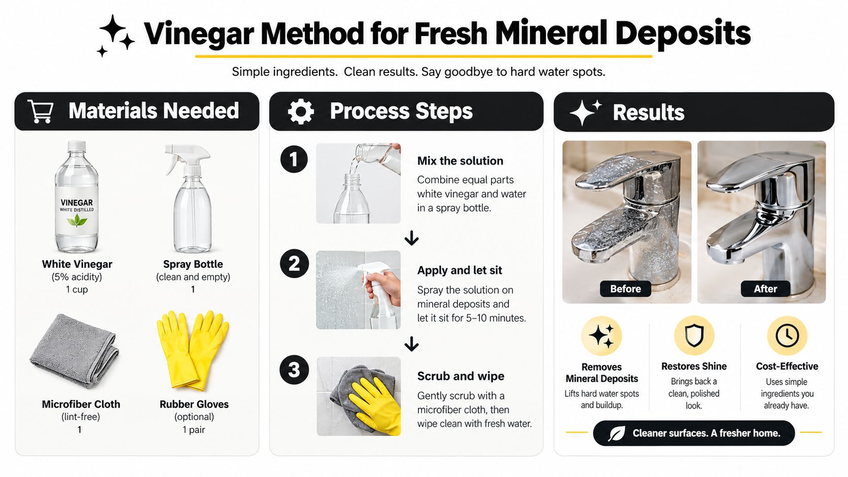 An infographic showing step-by-step instructions for removing hard water spots using white vinegar and water.