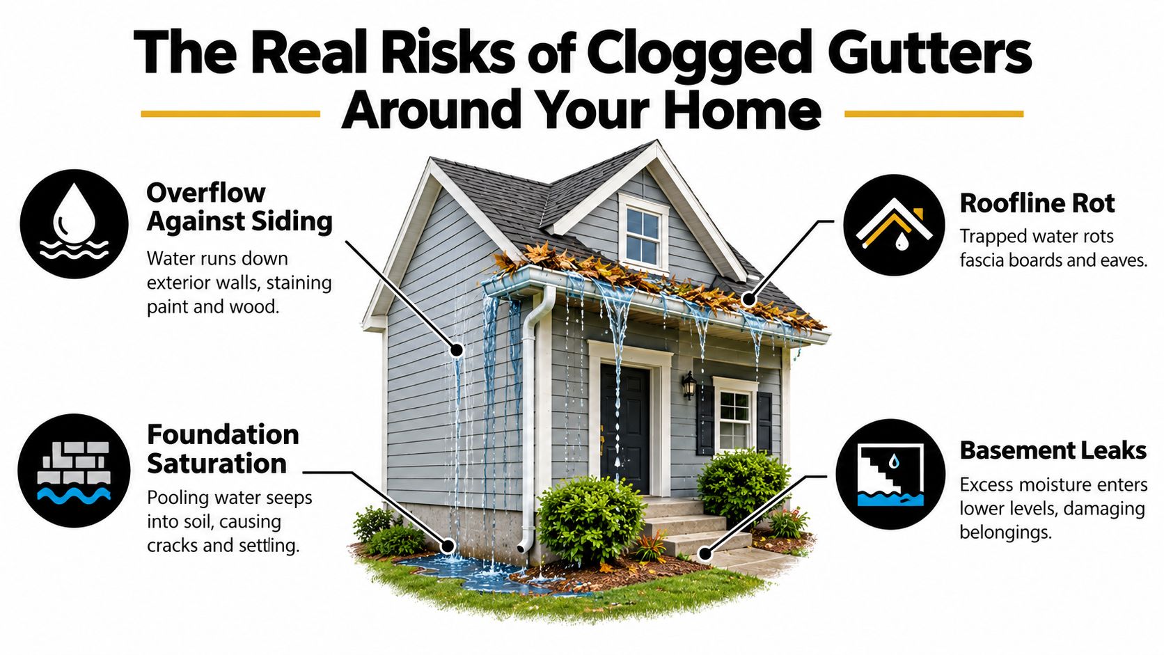 An infographic showing a house with clogged gutters and the resulting water damage risks around the property.
