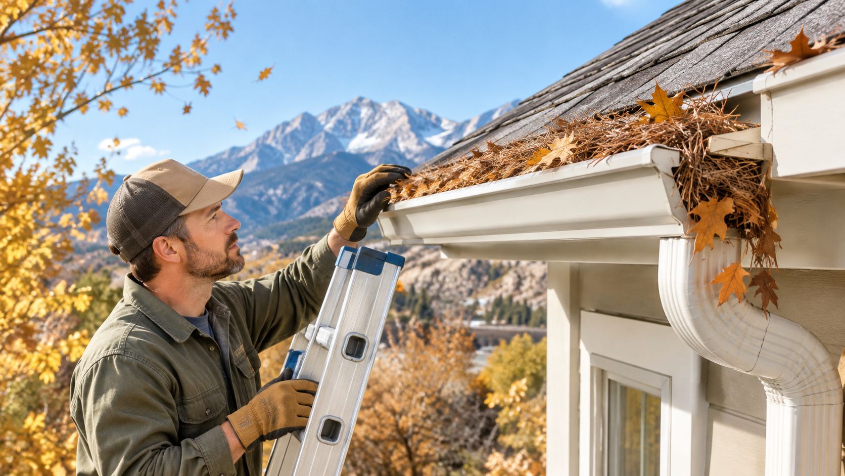 A man wearing a cap and work gloves cleaning dry leaves from rain gutters on a house.