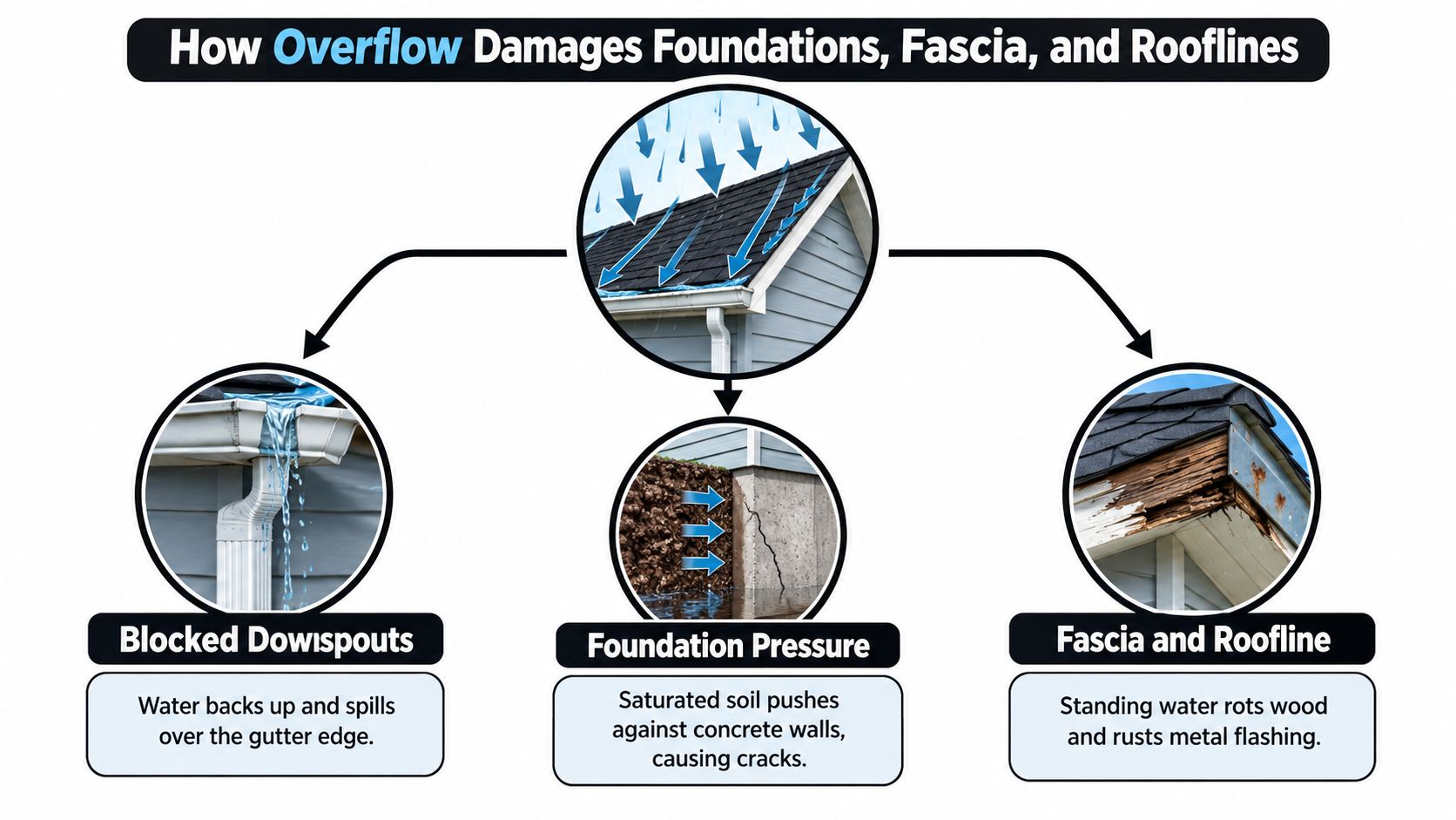 An infographic illustrating how clogged gutters cause damage to home foundations, wood fascia, and rooflines during rain.