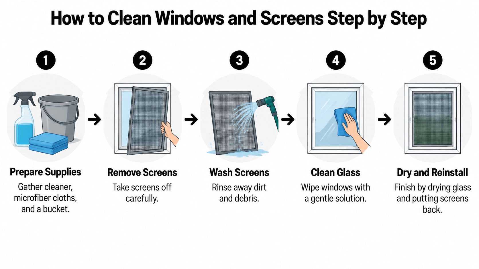 A five-step instructional guide on how to clean windows and screens using simple supplies and techniques.