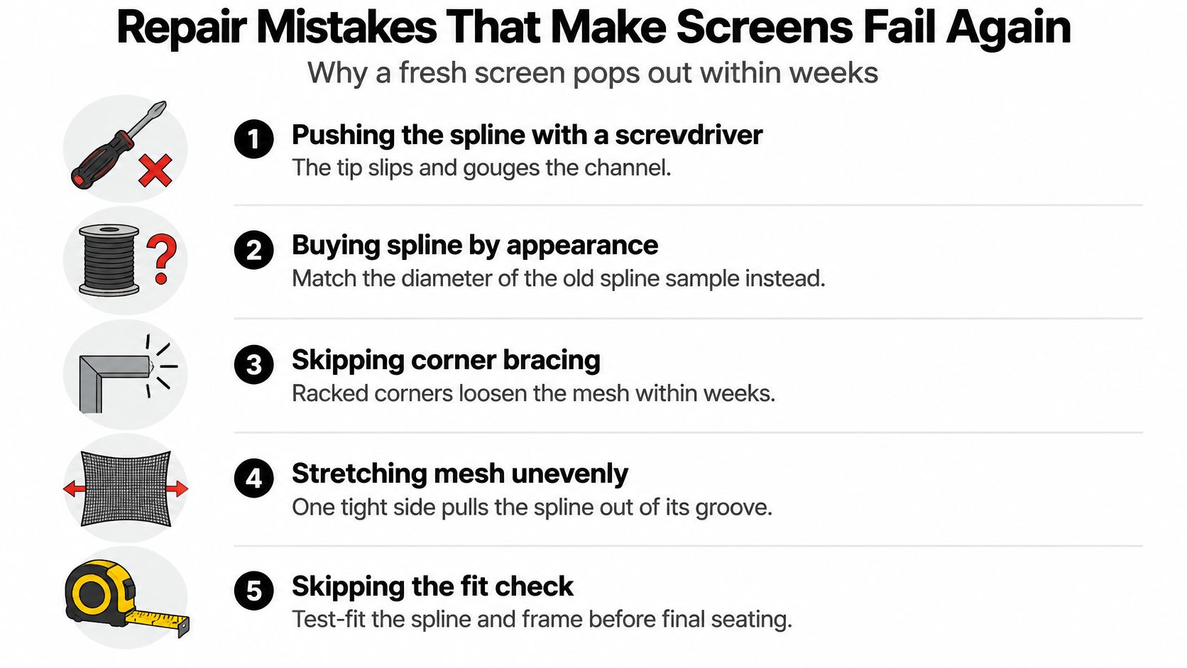 A list of five common mistakes that cause window screens to fail, illustrated with icons and tips.