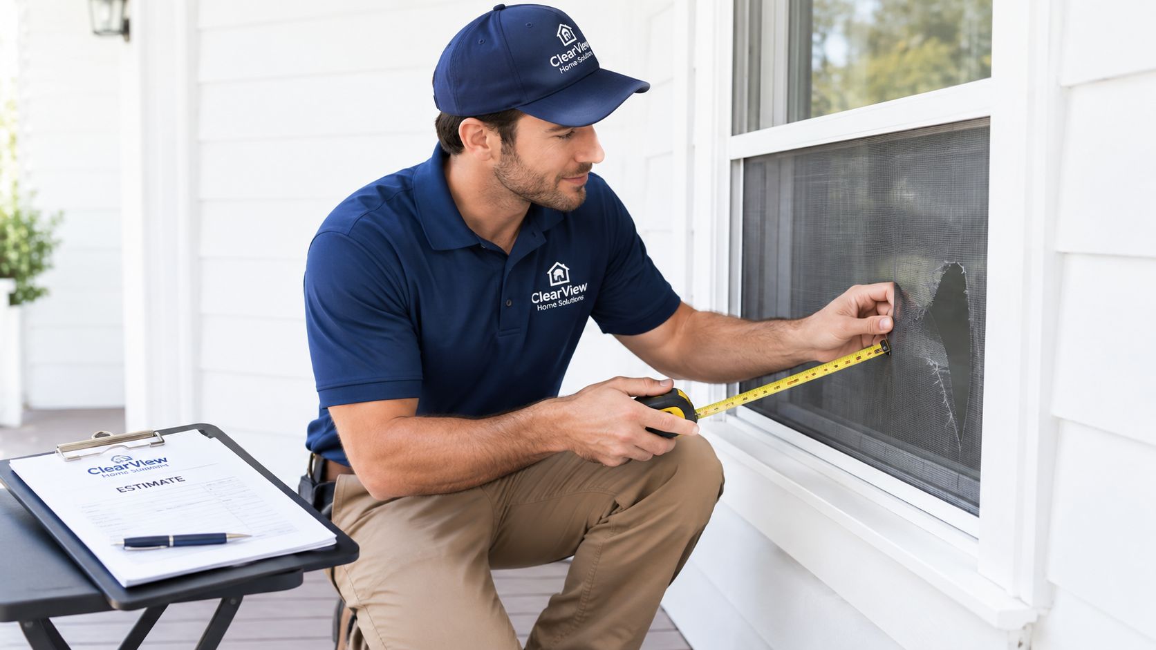 A professional technician from ClearView Home Solutions measuring a damaged window screen to provide a repair estimate.