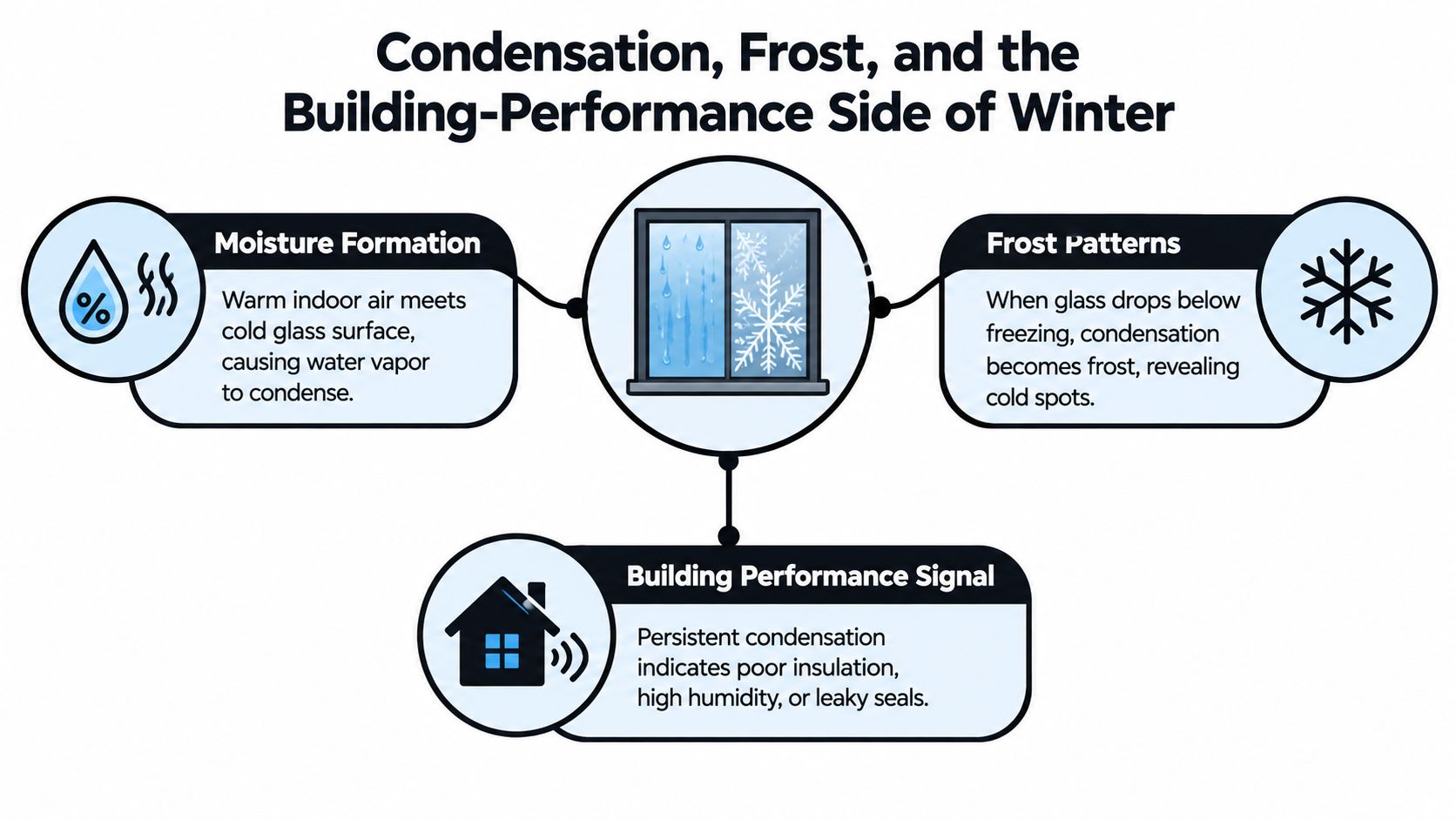 A diagram illustrating how indoor moisture and cold temperatures cause window condensation, frost, and indicate poor building performance.