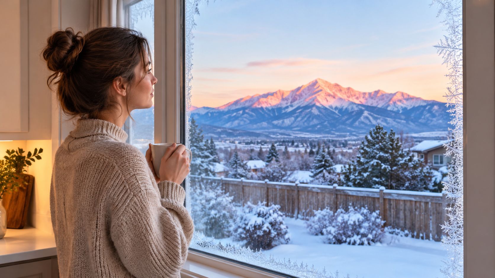 A woman in a cozy sweater looking out a frost-covered window at a snowy mountain landscape