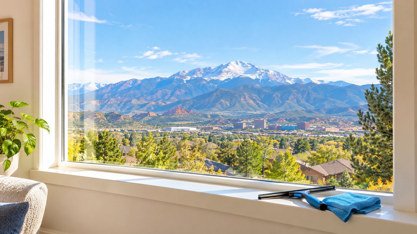 A squeegee and blue microfiber cloth sit on a clean windowsill overlooking a mountain landscape.